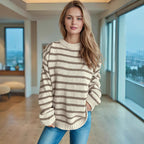 Damen lässiger Strickpullover mit breiten Streifen und lockerer Passform R&B