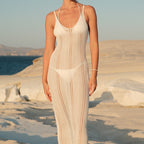Damen Häkel-Strandkleid mit tiefem V-Ausschnitt und feiner Lochstickerei R&B