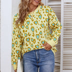 Damen verspielter Pullover mit Herz- und Leopardenmuster
