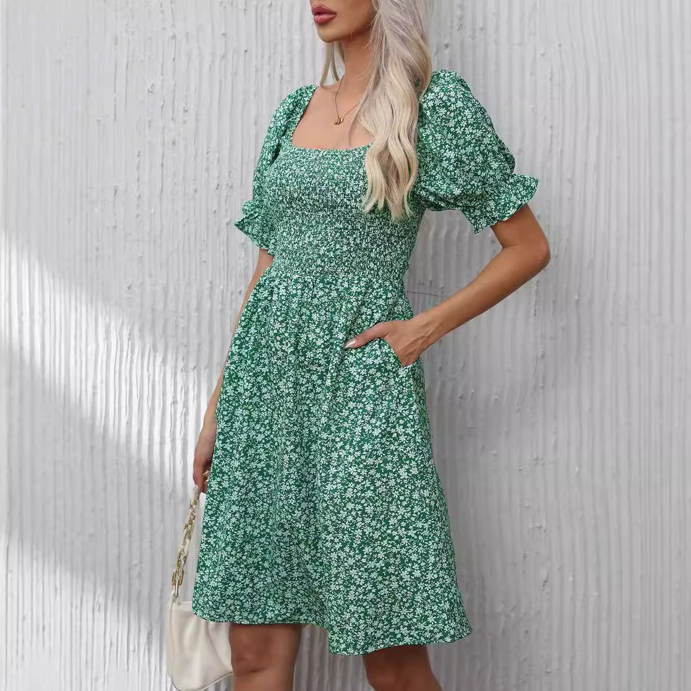 Damen Blumenkleid mit Puffärmeln und Gummizug R&B