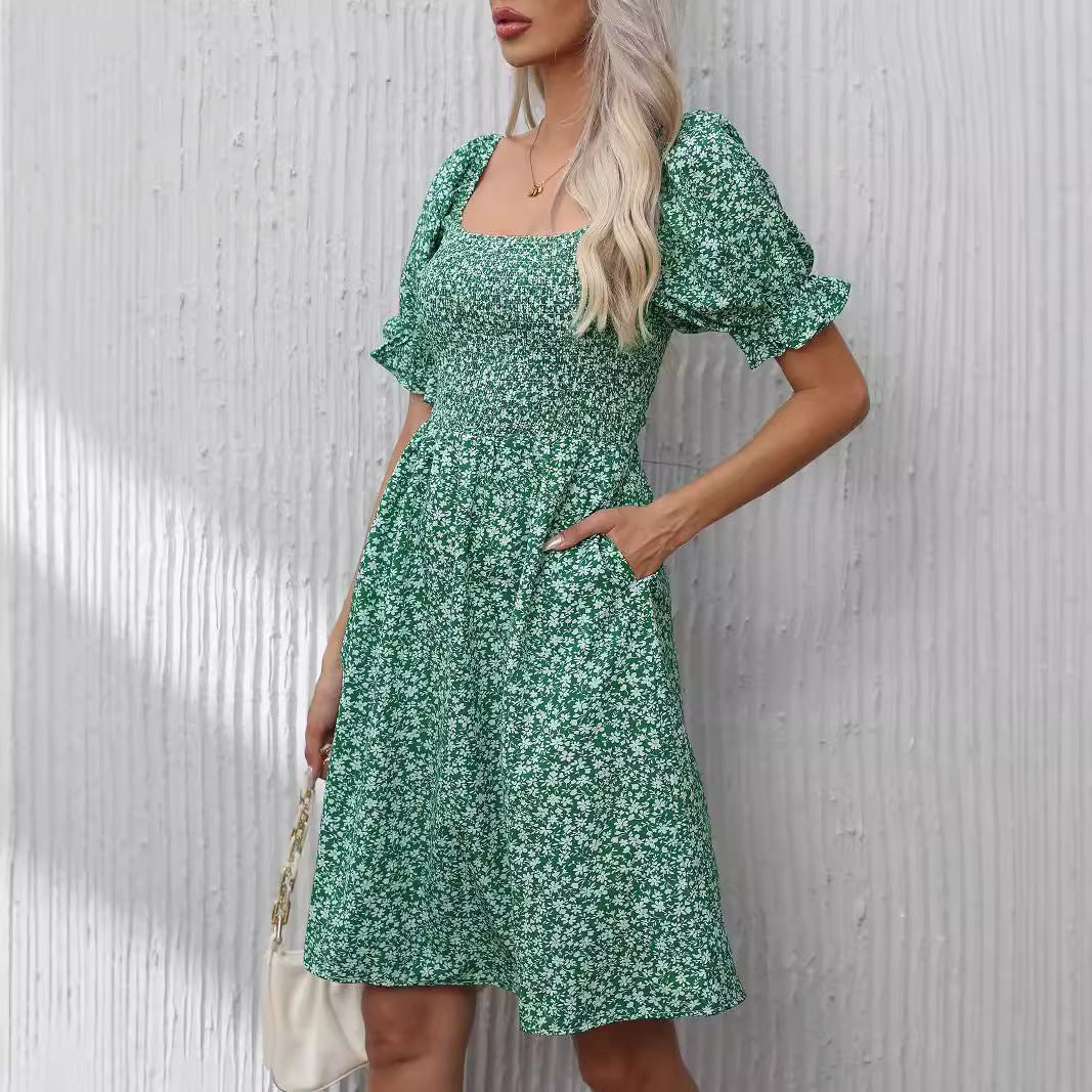 Damen Blumenkleid mit Puffärmeln und Gummizug R&B
