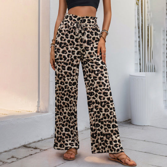 Damen Weite Leopardmuster-Hose mit elastischem Bund und Kordelzug R&B