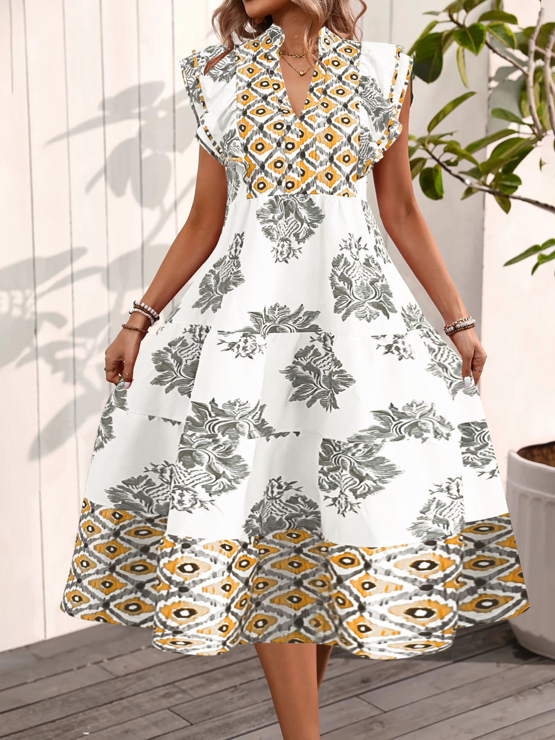 Damen Casual Blusenkleid mit floralem Muster und modernem V-Ausschnitt R&B