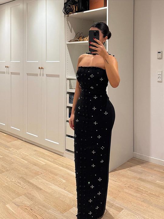 Damen Couture Maxikleid mit schimmernden Pailletten und strapless Design R&B
