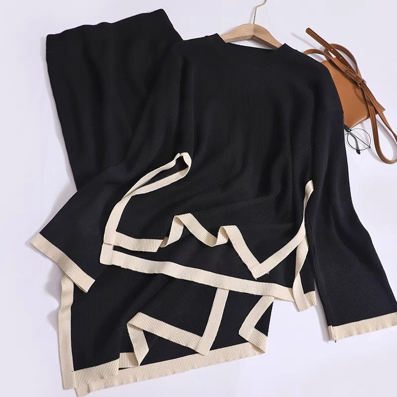 Damen modisches Strick-Loungewear-Set mit dekorativem Kontrastsaum R&B