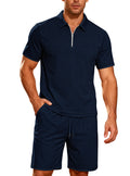 Herren nan komfortables Lounge-Zweiteiler aus strukturierter Baumwollmischung mit Halbzip-Poloshirt und Kordel-Shorts R&B