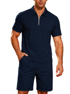 Herren nan komfortables Lounge-Zweiteiler aus strukturierter Baumwollmischung mit Halbzip-Poloshirt und Kordel-Shorts R&B