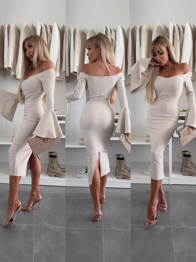 Damen Wickelkleid mit schulterfreiem Design und eleganten Trompetenärmeln R&B