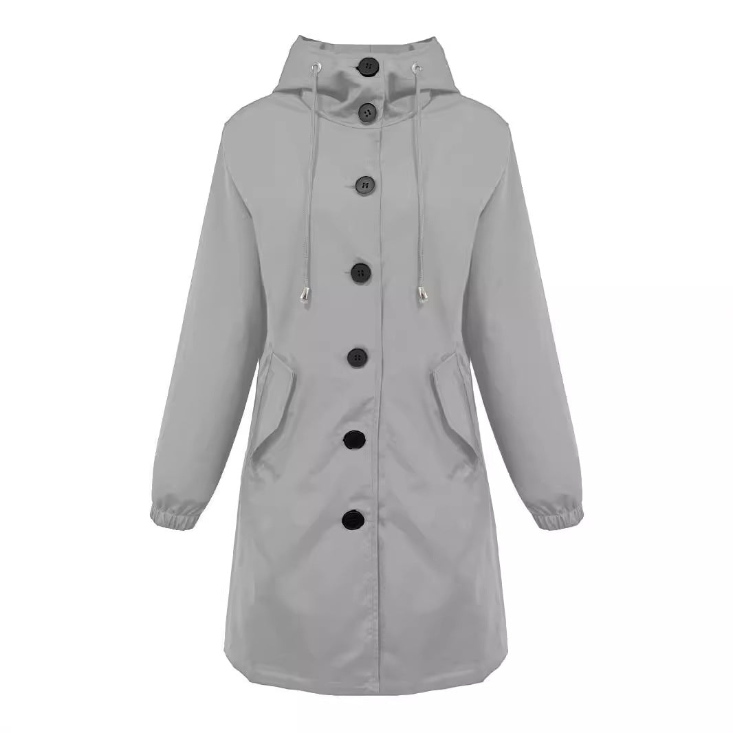 Damen nan leichter Regenparka mit Kapuze, überlanger Knopfleiste, Tunnelzug und aufgesetzten Taschen R&B