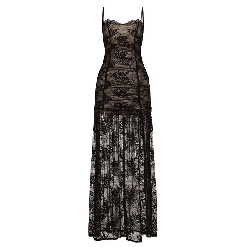 Damen Spitzen-Midi-Kleid mit transparentem Futter und raffinierten Trägern R&B