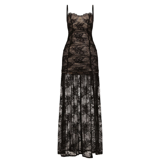 Damen Spitzen-Midi-Kleid mit transparentem Futter und raffinierten Trägern R&B