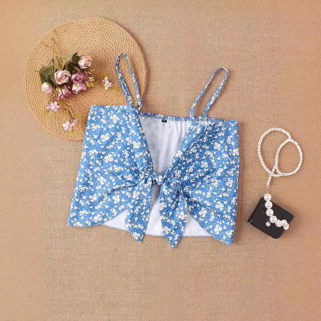 Damen Crop-Top mit floralen Rüschendetails und Schleifenbund R&B