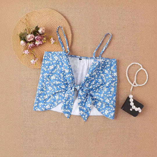 Damen Crop-Top mit floralen Rüschendetails und Schleifenbund R&B