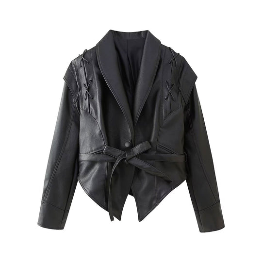 Damen Bikerjacke mit raffinierten Schnürdetails und tailliertem Schnitt R&B