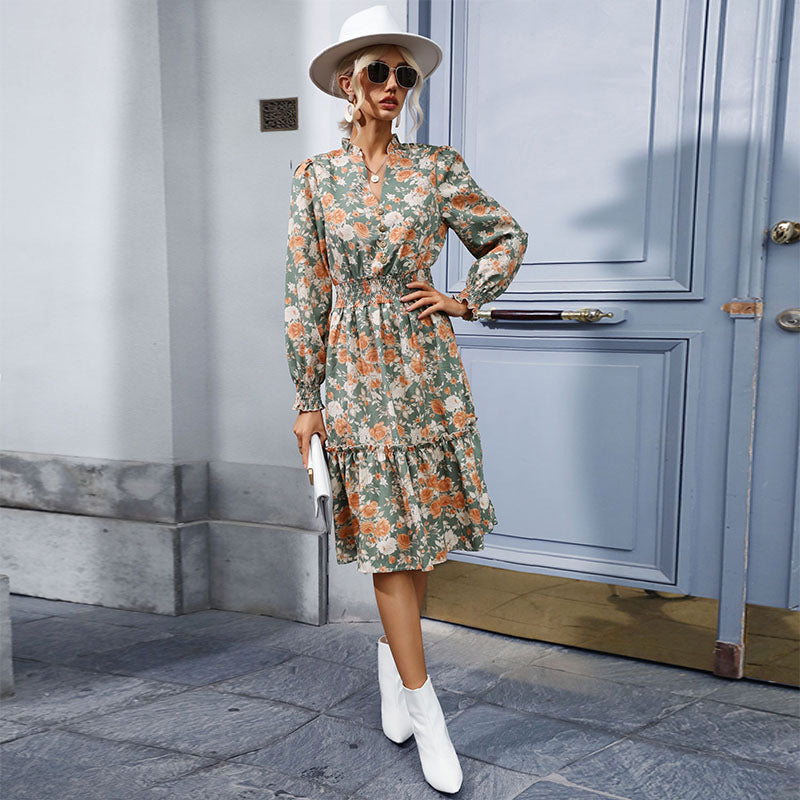 Damen Midi-Kleid mit floralen Rüschen und elegantem Stehkragen R&B