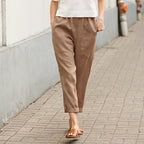 Damen nan leichte Leinenhose mit elastischem Bund, seitlichen Eingrifftaschen und gekrempeltem Saum R&B