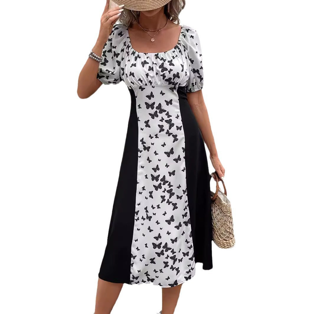 Damen Maxikleid mit Puffärmeln und Schmetterlingsmuster R&B