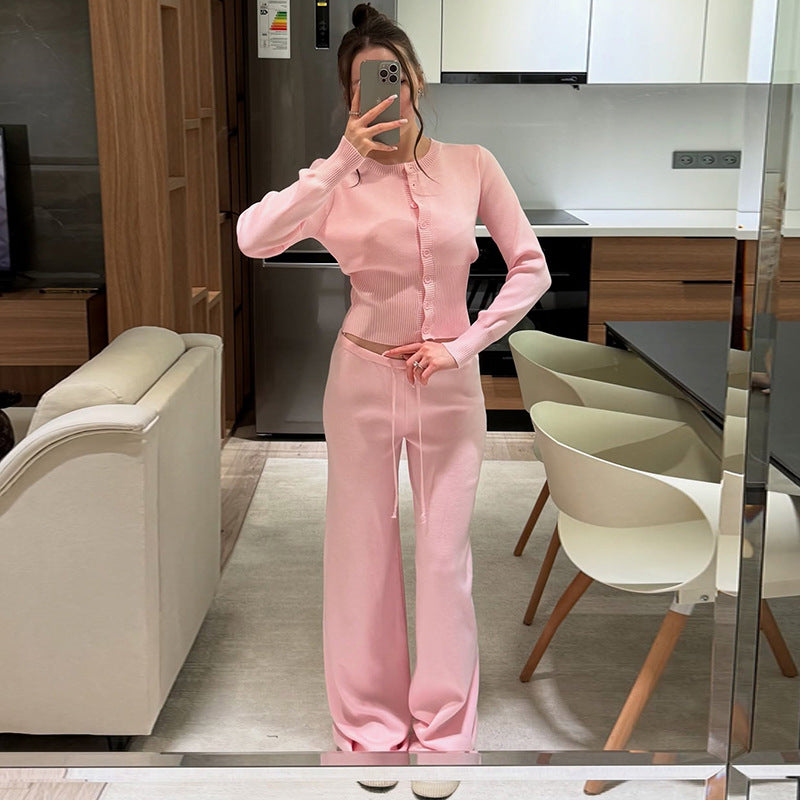 Damen Bequemes Strick-Loungewear-Set mit Knopfleiste R&B