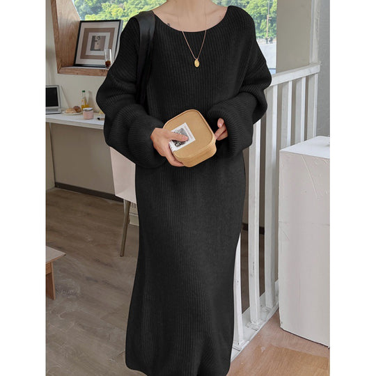 Damen Langes, gemütliches Strickkleid mit weitem Schnitt und Rundhalsausschnitt R&B