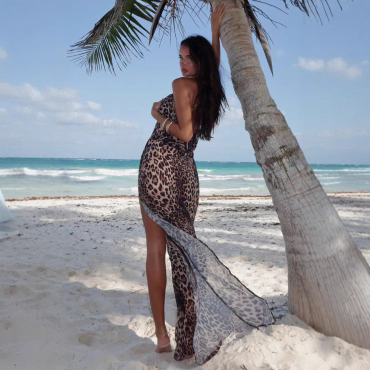Damen Maxikleid mit Leopardenmuster und tiefem Schlitz R&B