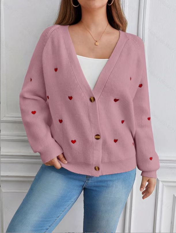 Damen Strickjacke mit Herzmotiven und Knopfverschluss