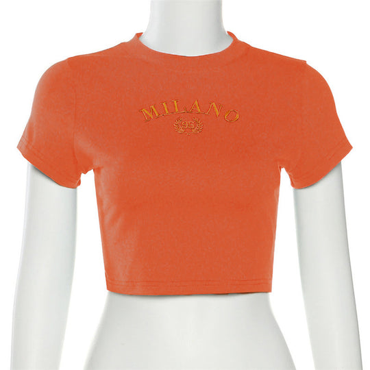Damen cropped T-Shirt mit gesticktem Schriftzug und rundem Ausschnitt R&B