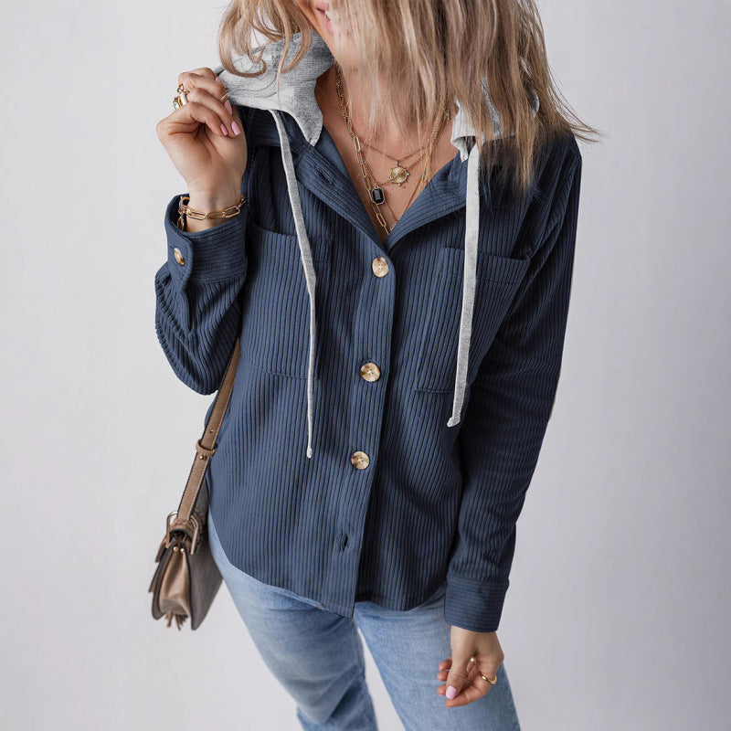 Damen lässige Hemdjacket mit Kapuze und seitlichen Taschen R&B