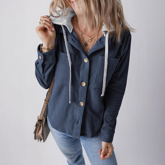 Damen lässige Hemdjacket mit Kapuze und seitlichen Taschen R&B