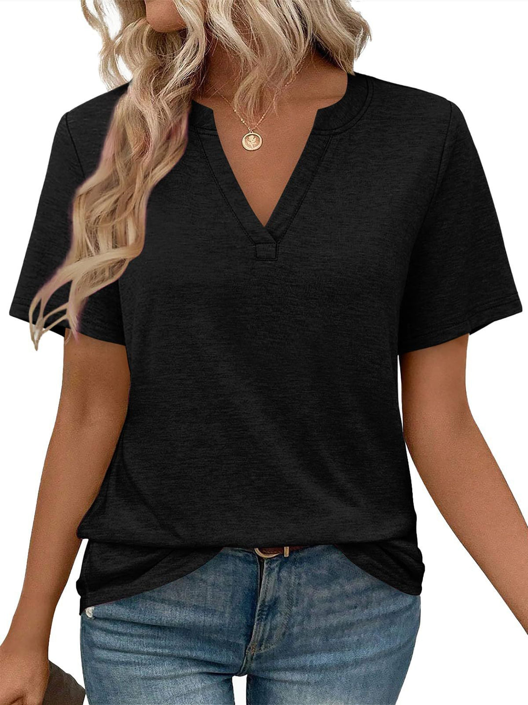 Damen V-Ausschnitt Kurzarm T-Shirt aus angenehmem Baumwollmix mit lässigem Schnitt R&B