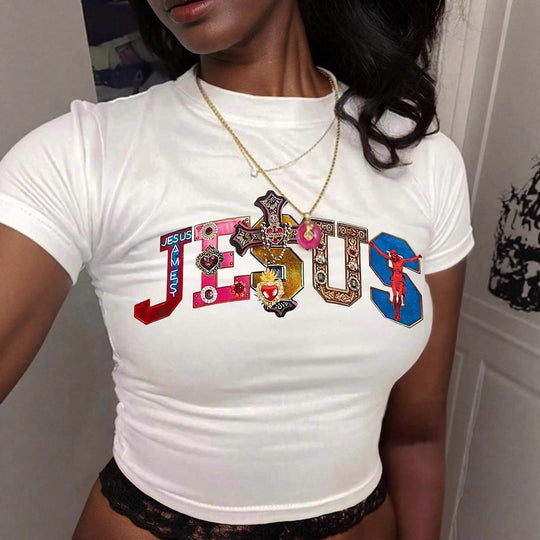 Damen Kurzarm Crop-T-Shirt mit witzigem Schriftzug R&B