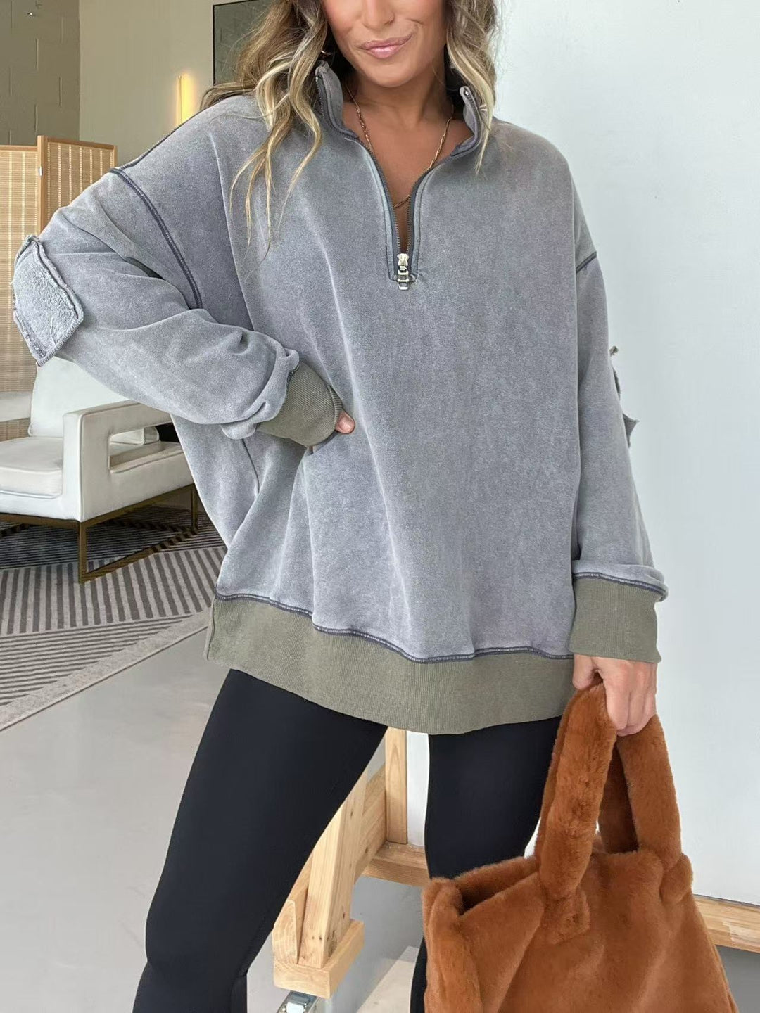 Damen Bequemer Pullover mit halbem Reißverschluss R&B