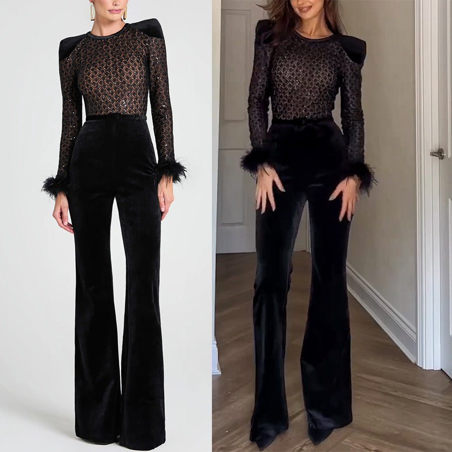 Damen Elegante und modische Bluse mit Pailletten und ausgestellten Ärmel R&B