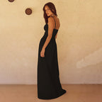 Damen elegantes Maxikleid mit feinen Spaghettiträgern und fließendem Rock EB