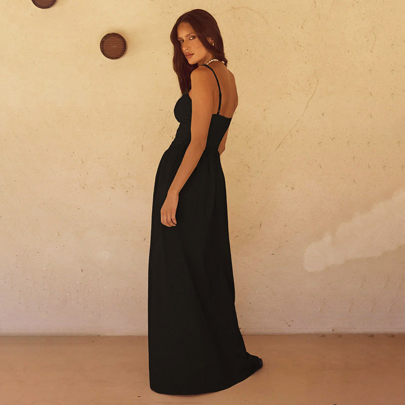Damen elegantes Maxikleid mit feinen Spaghettiträgern und fließendem Rock EB