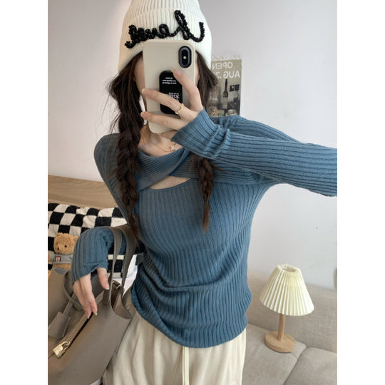 Damen Langarmshirt mit offener Schulterpartie und Rippstrickmuster R&B