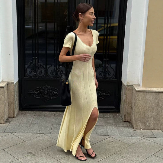 Damen elegantes figurbetontes Maxikleid mit V-Ausschnitt R&B