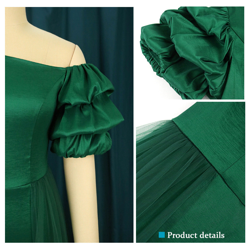 Damen Elegantes Tüllkleid mit asymmetrischem Ausschnitt und voluminösen Puffärmeln R&B