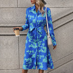 Damen langärmliges Maxikleid mit floralen Mustern und elegantem Gürtel