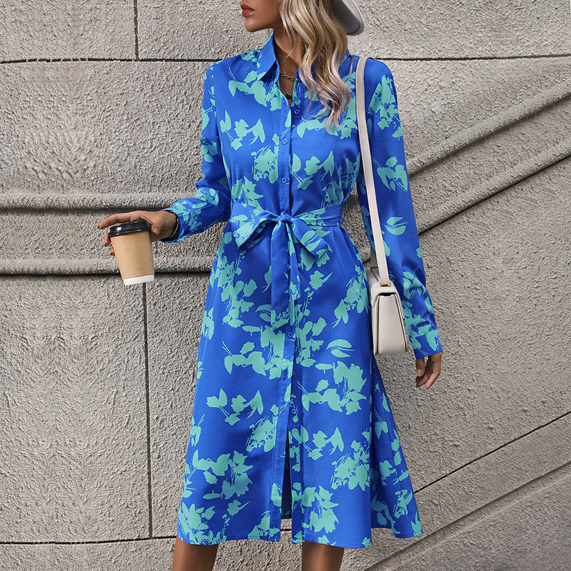 Damen langärmliges Maxikleid mit floralen Mustern und elegantem Gürtel