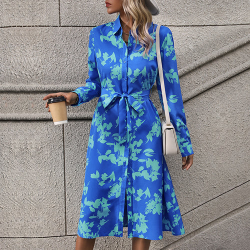 Damen langärmliges Maxikleid mit floralen Mustern und elegantem Gürtel R&B