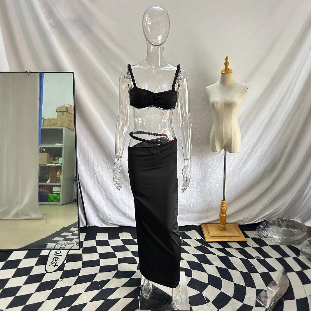 Damen Strandbekleidungs-Set mit geflochtenem Oberteil und elegantem Wickelrock R&B