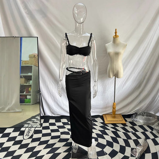 Damen Strandbekleidungs-Set mit geflochtenem Oberteil und elegantem Wickelrock R&B