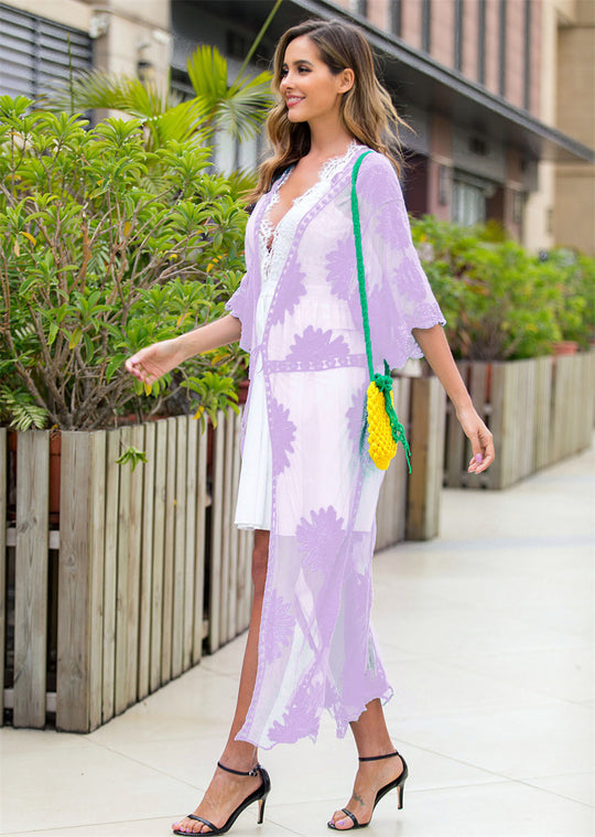 Damen elegante Häkel-Strandrobe mit floralen Details und tiefem V-Ausschnitt R&B