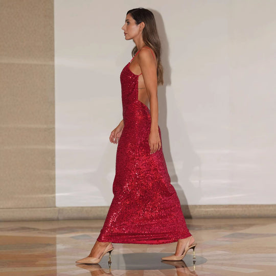 Damen Abendkleid mit glitzerndem Paillettenbesatz und elegantem V-Ausschnitt R&B