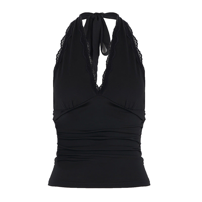 Damen Elegantes Haltertop mit aufregendem V-Ausschnitt und modischen Spitzenakzenten R&B