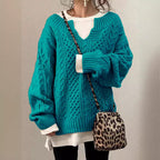 Damen Grobstrickpullover mit V-Ausschnitt und modischem Zopfdesign R&B