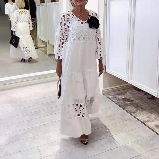 Damen nan Maxikleid mit Ajour-Lochstickerei, V-Ausschnitt, weiten Glockenärmeln und Stufensaum R&B