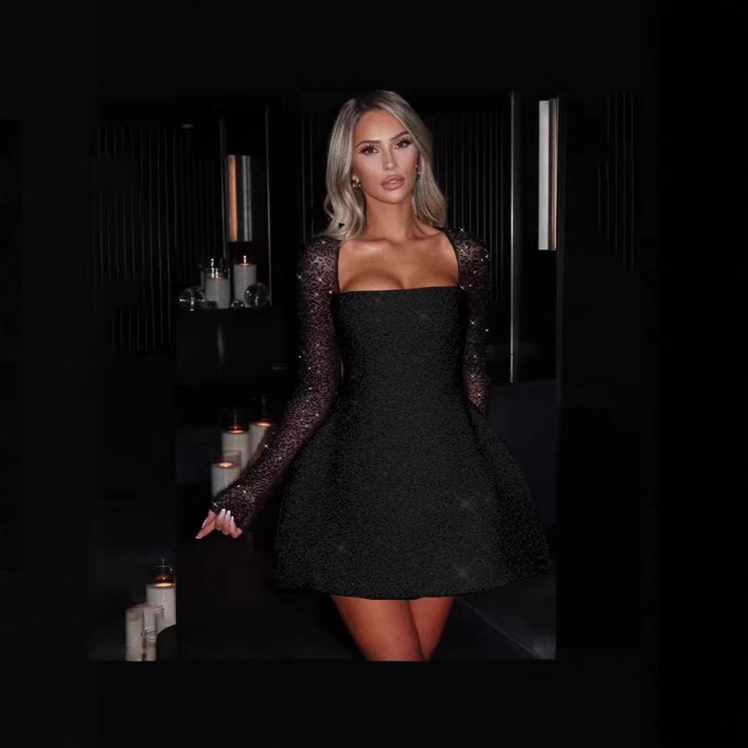 Damen Glamouröses Minikleid mit transparenten Spitzenärmel und figurbetontem Schnitt R&B