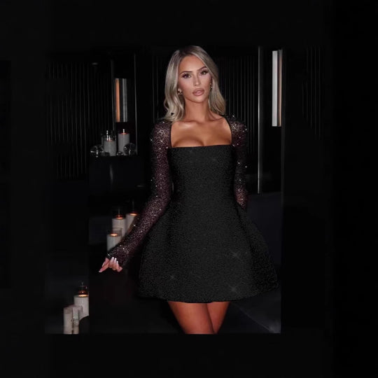 Damen Glamouröses Minikleid mit transparenten Spitzenärmel und figurbetontem Schnitt R&B