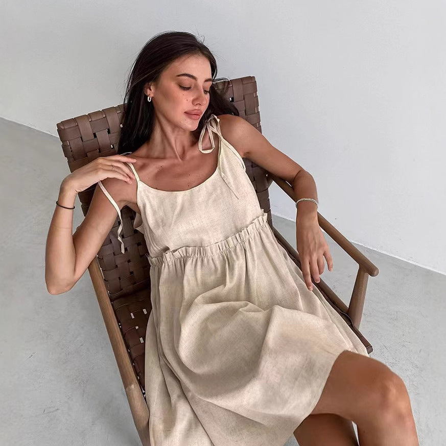 Damen lässiges Leinen A-Linien Kleid R&B